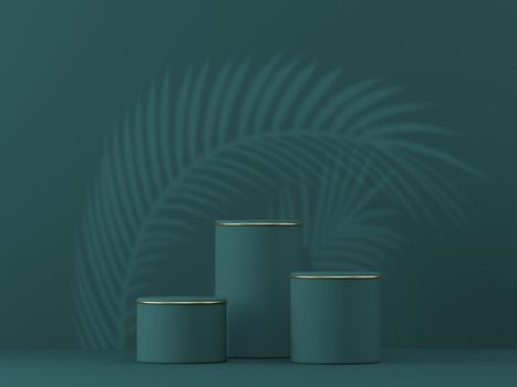 Mock up podium for product presentation three cylinders with floral shadows 3D render illustration on green background