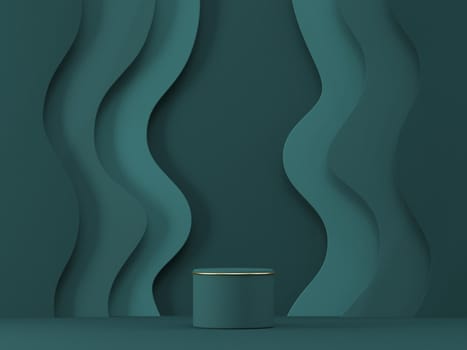 Mock up podium for product presentation with waves shaped wall 3D render illustration on green background