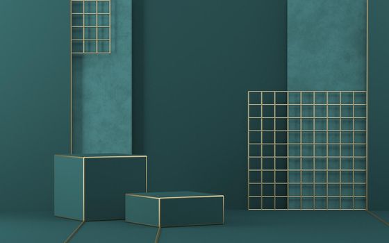 Mock up podium for product presentation rectangular shapes and golden lattice 3D render illustration on green background