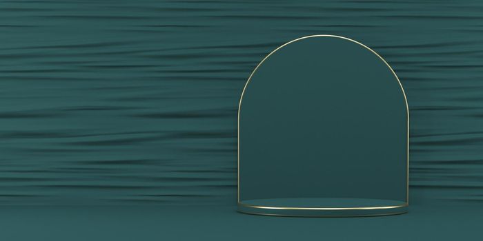 Mock up podium for product presentation golden frames pedestal 3D render illustration on green background