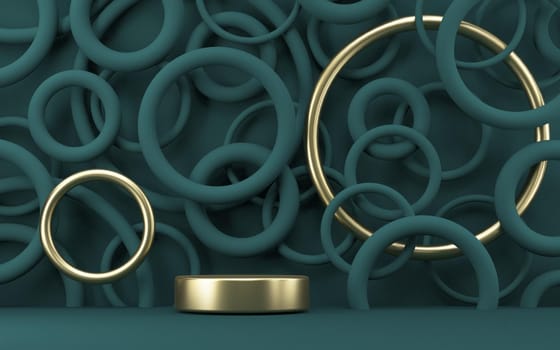 Mock up podium for product presentation two golden rings 3D render illustration on dark green rings background