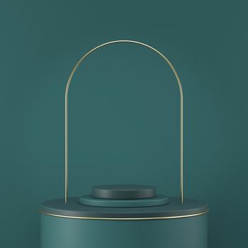 Mock up podium for product presentation cylinders and golden arc 3D render illustration on green background