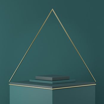 Mock up podium for product presentation golden wire pyramid 3D render illustration on green background