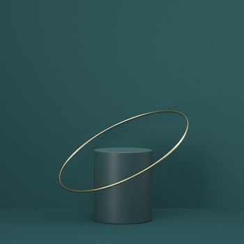 Mock up podium for product presentation cylinder and golden ring 3D render illustration on green background