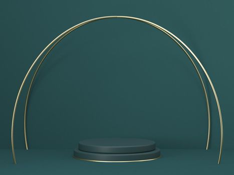 Mock up podium for product presentation golden crossed arcs 3D render illustration on green background
