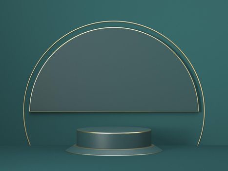 Mock up podium for product presentation circle and cylinders stage 3D render illustration on green background