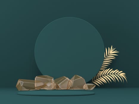 Mock up podium for product presentation orange crystals and palm leaves 3D render illustration on green background