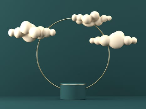 Mock up podium for product presentation golden ring with clouds 3D render illustration on green background