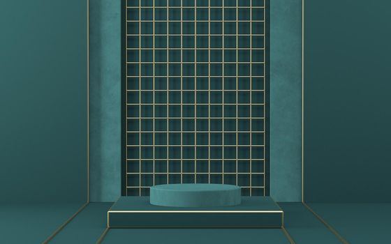 Mock up podium for product presentation golden mesh and pastel green walls 3D render illustration on green background