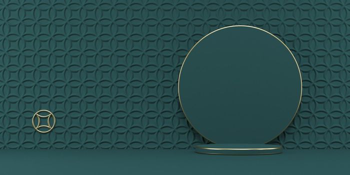 Mock up podium for product presentation circle with textured wall 3D render illustration on green background