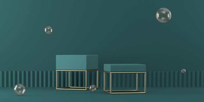 Mock up podium for product presentation two tables with golden bubbles 3D render illustration on green background