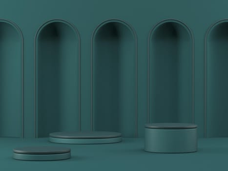 Mock up podium for product presentation with niches in shadows and two cylinders 3D render illustration on green background