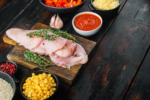 Mexican food. Cuisine of South America. Traditional ingredient, on old dark wooden table background with copy space for text