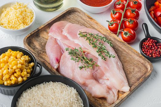 Mexican food ingredients Chicken Enchilada, Rice Casserole, on white background