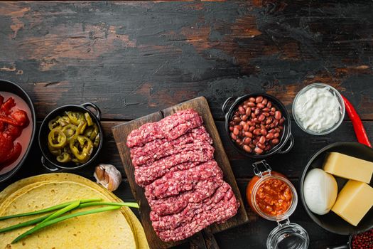 Ingredient for cooking quesadillas, on old dark wooden table background, top view flat lay with copy space for text