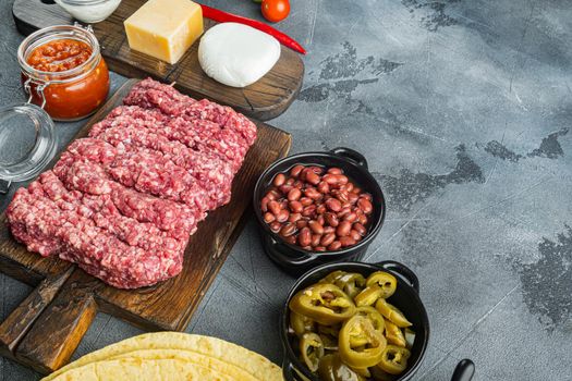 Ingredients for mexican quesadilla with salsa sauce, on gray background with copy space for text