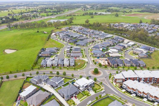 Aerial view of grey roofed houses in the suburb of Glenmore Park in New South Wales in Australia