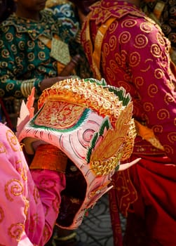 performer with traditional Lakhon Khol mask dance ceremony costume at Wat Svay Andet UNESCO Intangible Cultural Heritage site in Kandal province Cambodia