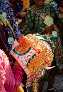 performer with traditional Lakhon Khol mask dance ceremony costume at Wat Svay Andet UNESCO Intangible Cultural Heritage site in Kandal province Cambodia