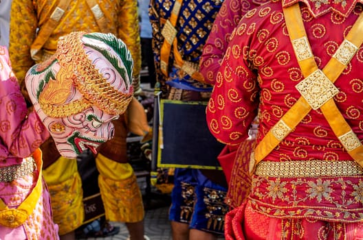 performer with traditional Lakhon Khol mask dance ceremony costume at Wat Svay Andet UNESCO Intangible Cultural Heritage site in Kandal province Cambodia