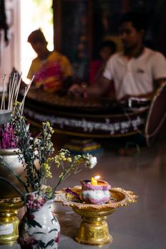 interior shrine detail at buddhist religious ceremony in UNESCO heritage Lakhon Khol site Wat Svay Andet temple in Kandal Province Cambodia