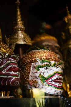 traditional lakhon khol khmer dance masks in display at Wat Svay Andet pagoda near Phnom Penh Cambodia