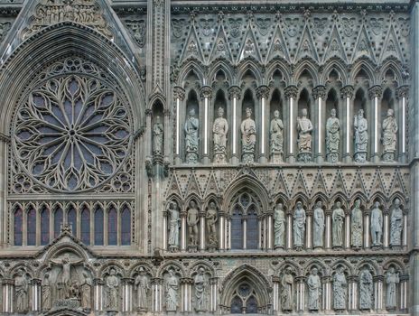 Various decorations on the facade of Nidaros Cathedral, in Trondheim, Norway