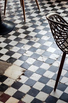 traditional design old rustic floor tiles detail in trendy Ibiza cafe