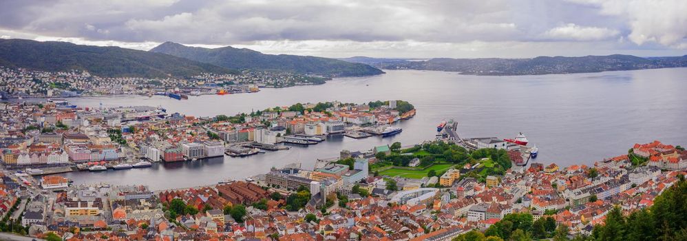 Panoramic views of the old city of Bergen and nearby fjords. Norway