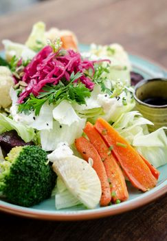 rustic cottage salad with healthy mixed steamed and fresh vegetables on colorful plate