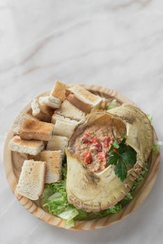 portuguese crab meat mayonnaise mousse seafood traditional tapas in lisbon restaurant