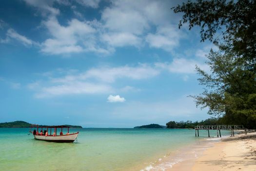 Tourist  boat in Long Beach on Koh Ta Kiev paradise island near Sihanoukville Cambodia