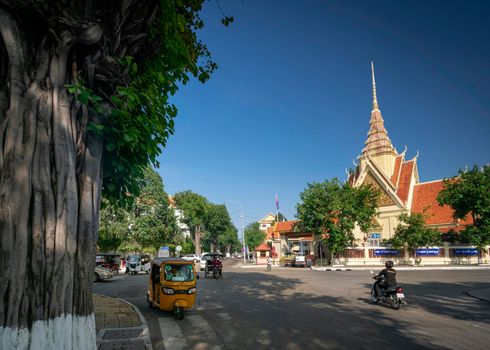 courthouse and street view of downtown phnom penh city cambodia next to Royal Palace on sunny day