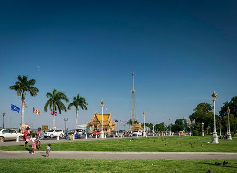 royal palace park in sisowath quay riverside area of  downtown phnom penh city cambodia