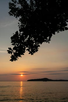 view from Koh Ta Kiev island  towards Koh Russei near Sihanoukville in Cambodia at sunset