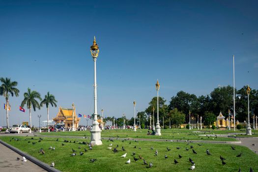 royal palace park in sisowath quay riverside area of  downtown phnom penh city cambodia