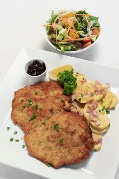 german breaded organic pork schnitzel with bacon fried potatoes cranberry sauce and salad on white studio background