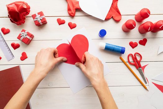 Valentines Day craft DIY. Step 6 - glue the big heart to a piece of hard paper leaving some space below