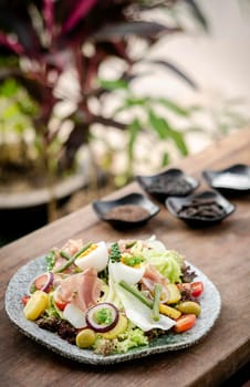 nicoise style healthy organic rustic salad with egg and ham outdoors