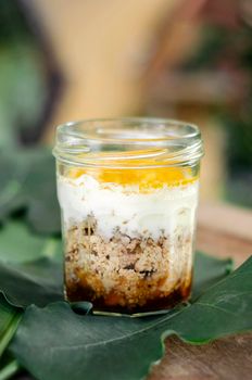 granola, coconut mousse, dates and turmeric powder healthy vegan dessert in rustic outdoors setting