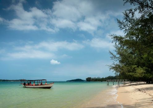 Tourist  boat in Long Beach on Koh Ta Kiev paradise island near Sihanoukville Cambodia