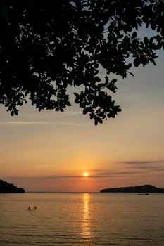 view from Koh Ta Kiev island  towards Koh Russei near Sihanoukville in Cambodia at sunset