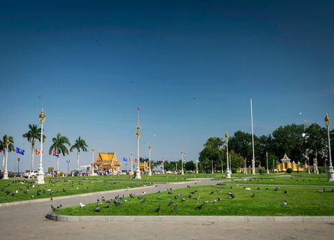 royal palace park in sisowath quay riverside area of  downtown phnom penh city cambodia