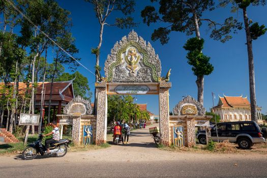 Entrance gate of Wat Svay Andet Pagoda at Lakhon Khol Dance Unesco Intangible Cultural Heritage site in Kandal province near Phnom Penh Cambodia