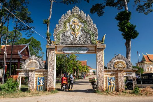 Entrance gate of Wat Svay Andet Pagoda at Lakhon Khol Dance Unesco Intangible Cultural Heritage site in Kandal province near Phnom Penh Cambodia