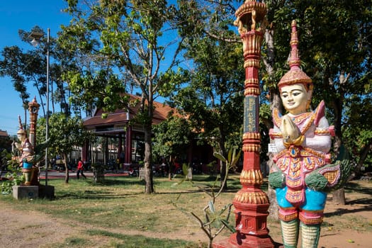 buddhist religious Khmer statue outdoor at Wat Svay Andet UNESCO Lakhon Khol heritage temple in Kandal Province Cambodia