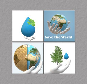 Save the world, planet icons. Globe planet drop od water in human hands. 3D illustration