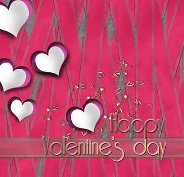 Elegant Valentine card, paper hears, gold text Happy Valentine's day on pink ribbons background. 3D render