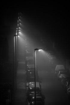 Modern LED street lights illuminating an empty foggy street, spider web on the lamp.