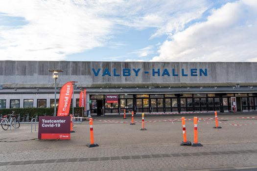 Copenhagen, Denmark - Januar 21, 2021: Entrance to the temporary Covid-19 test facility in Valby Hallen.